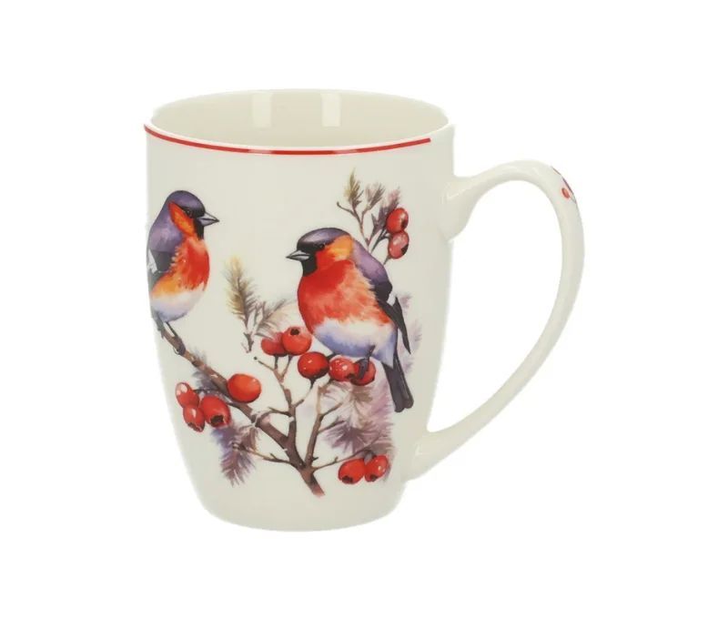 Tasse porcelaine blanche liseré rouge bouvreuils pivoine aquarelle branches baies rouges hiver Noël 350ml