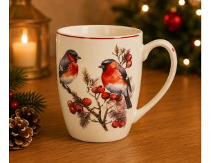 Tasse porcelaine blanche liseré rouge bouvreuils pivoine aquarelle branches baies rouges hiver Noël 350ml