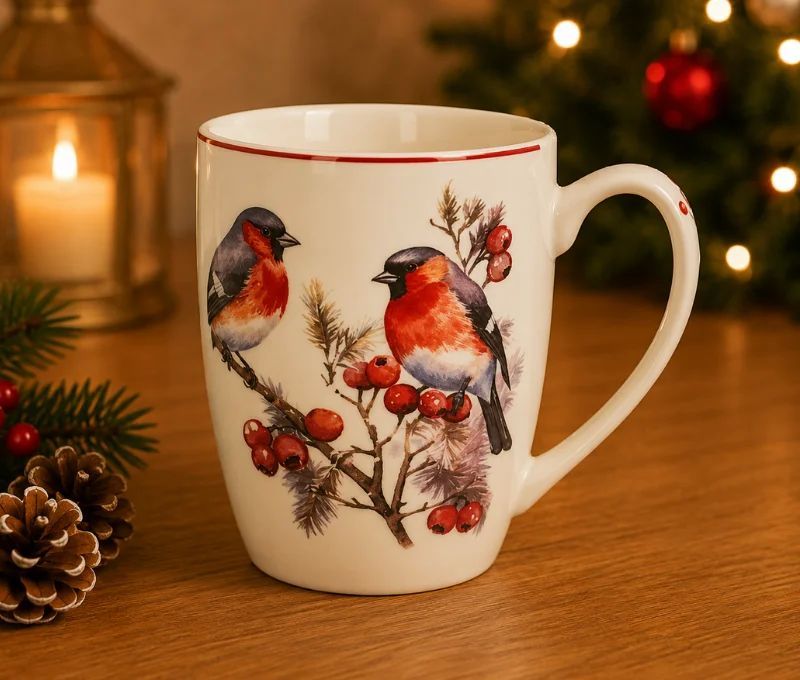 Tasse porcelaine blanche liseré rouge bouvreuils pivoine aquarelle branches baies rouges hiver Noël 350ml