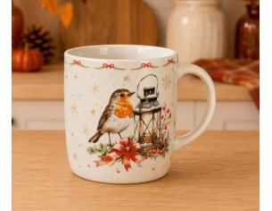 Tasse porcelaine blanche rouge-gorge lanterne bougie nœud rouge branches sapin baies étoiles dorées frise Noël 350ml