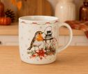 Voir la slide Tasse porcelaine blanche rouge-gorge lanterne bougie nœud rouge branches sapin baies étoiles dorées frise Noël 350ml
