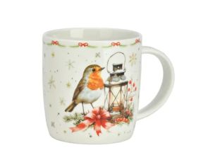 Tasse porcelaine blanche rouge-gorge lanterne bougie nœud rouge branches sapin baies étoiles dorées frise Noël 350ml