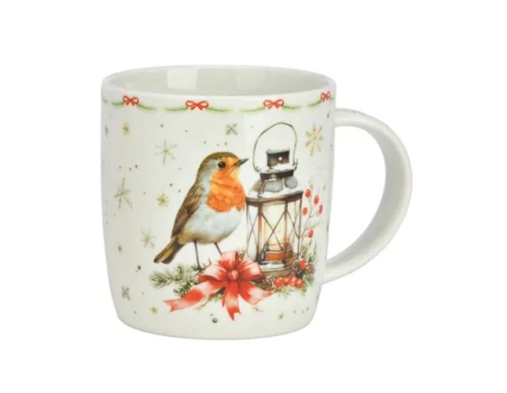 Tasse porcelaine blanche rouge-gorge lanterne bougie nœud rouge branches sapin baies étoiles dorées frise Noël 350ml