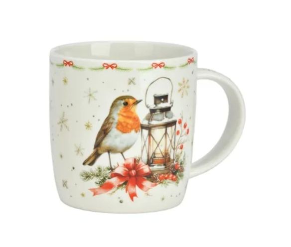 Tasse porcelaine blanche rouge-gorge lanterne bougie nœud rouge branches sapin baies étoiles dorées frise Noël 350ml