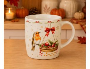 Tasse porcelaine blanche rouge-gorge mangeoire dorée boules rouges branches sapin baies nœud rouge étoiles Noël 350ml