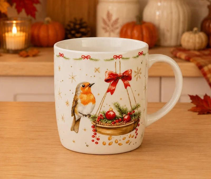 Tasse porcelaine blanche rouge-gorge mangeoire dorée boules rouges branches sapin baies nœud rouge étoiles Noël 350ml
