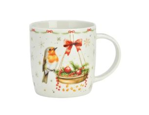 Tasse porcelaine blanche rouge-gorge mangeoire dorée boules rouges branches sapin baies nœud rouge étoiles Noël 350ml