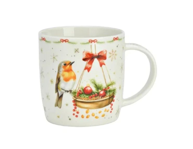 Tasse porcelaine blanche rouge-gorge mangeoire dorée boules rouges branches sapin baies nœud rouge étoiles Noël 350ml