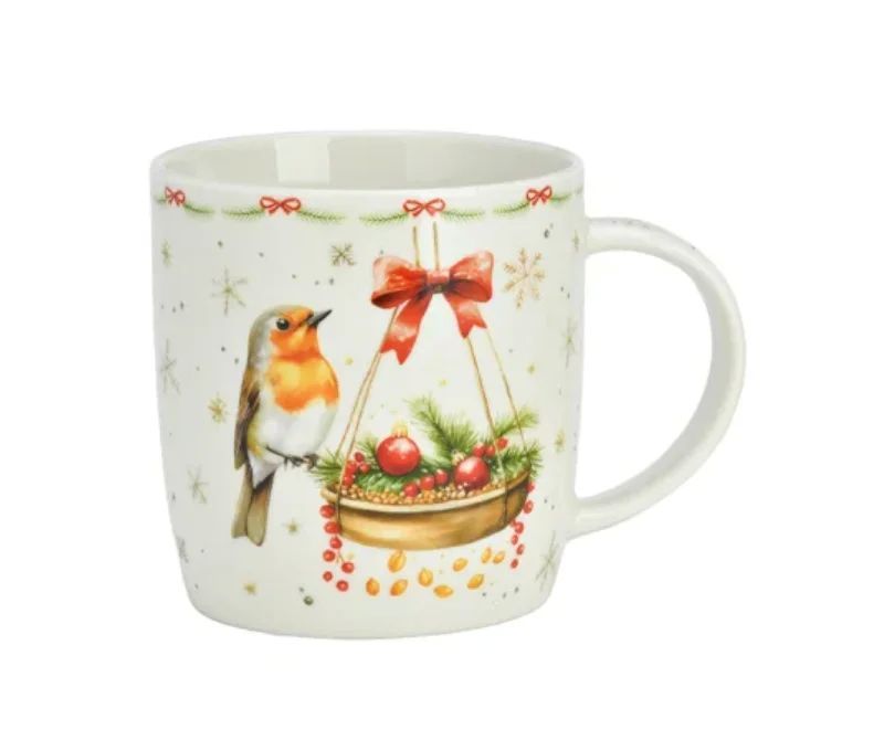 Tasse porcelaine blanche rouge-gorge mangeoire dorée boules rouges branches sapin baies nœud rouge étoiles Noël 350ml
