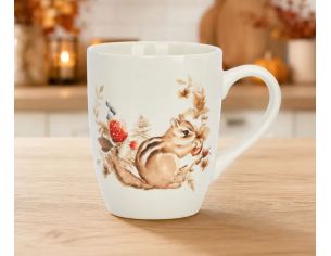 Tasse porcelaine blanche aquarelle écureuil rayé champignon rouge feuilles automne dorées fougères 340ml