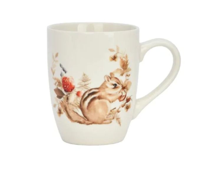 Tasse porcelaine blanche aquarelle écureuil rayé champignon rouge feuilles automne dorées fougères 340ml