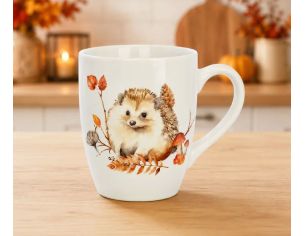 Tasse porcelaine blanche aquarelle hérisson feuilles rouges oranges champignons pomme de pin automne 340ml