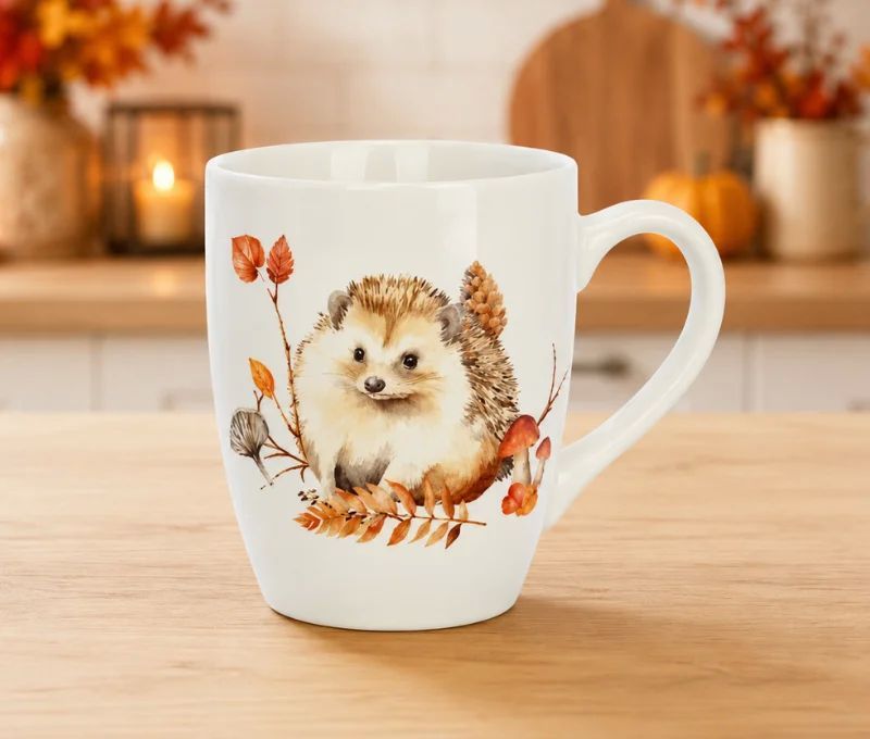 Tasse porcelaine blanche aquarelle hérisson feuilles rouges oranges champignons pomme de pin automne 340ml