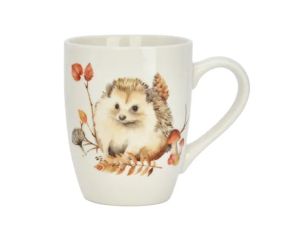 Tasse porcelaine blanche aquarelle hérisson feuilles rouges oranges champignons pomme de pin automne 340ml