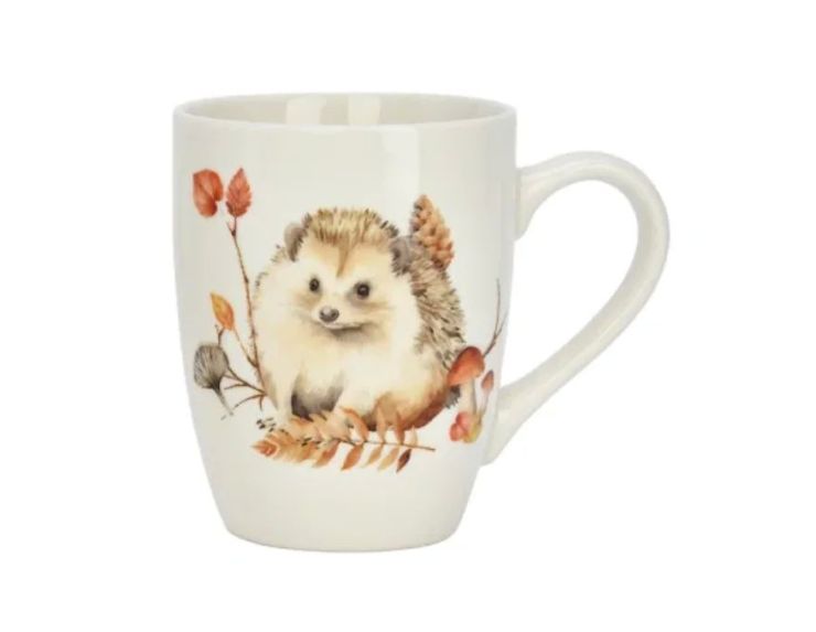 Tasse porcelaine blanche aquarelle hérisson feuilles rouges oranges champignons pomme de pin automne 340ml
