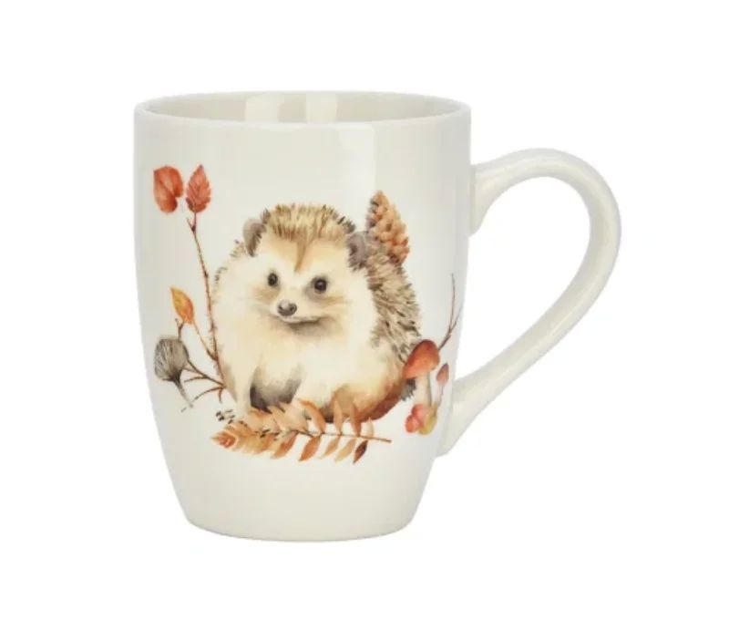 Tasse porcelaine blanche aquarelle hérisson feuilles rouges oranges champignons pomme de pin automne 340ml