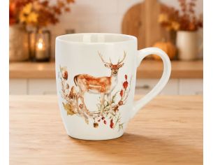Tasse porcelaine blanche aquarelle cerf bois ramifiés plantes baies rouges glands feuilles automne 340ml