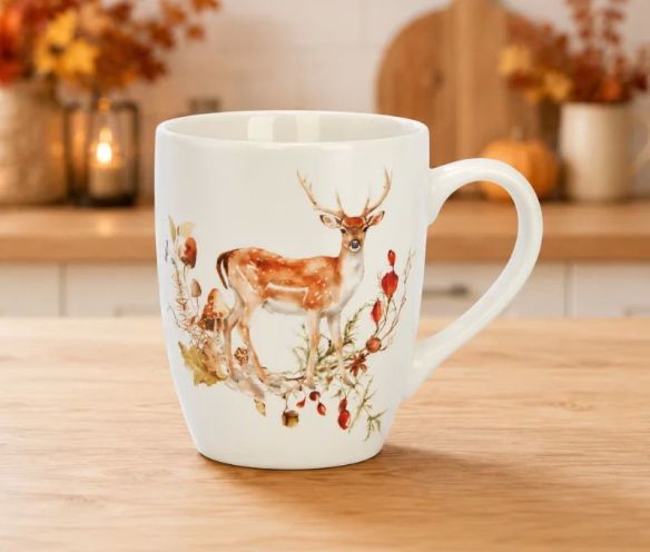 Tasse porcelaine blanche aquarelle cerf bois ramifiés plantes baies rouges glands feuilles automne 340ml