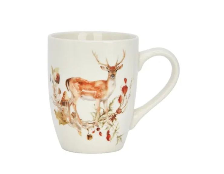 Tasse porcelaine blanche aquarelle cerf bois ramifiés plantes baies rouges glands feuilles automne 340ml