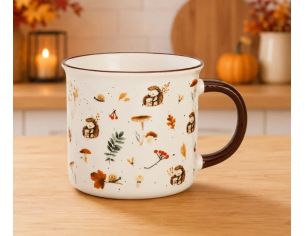 Tasse porcelaine blanche mouchetée motifs épars hérissons champignons feuilles escargot baies rouges automne anse marron 370ml