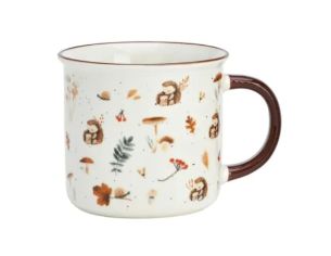 Tasse porcelaine blanche mouchetée motifs épars hérissons champignons feuilles escargot baies rouges automne anse marron 370ml