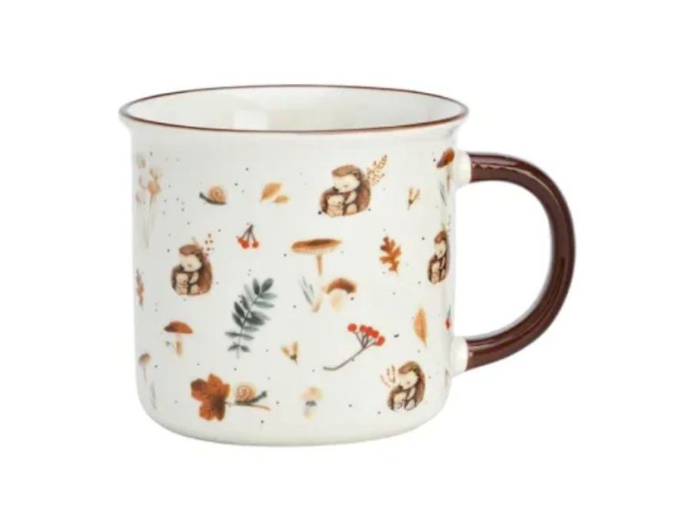 Tasse porcelaine blanche mouchetée motifs épars hérissons champignons feuilles escargot baies rouges automne anse marron 370ml
