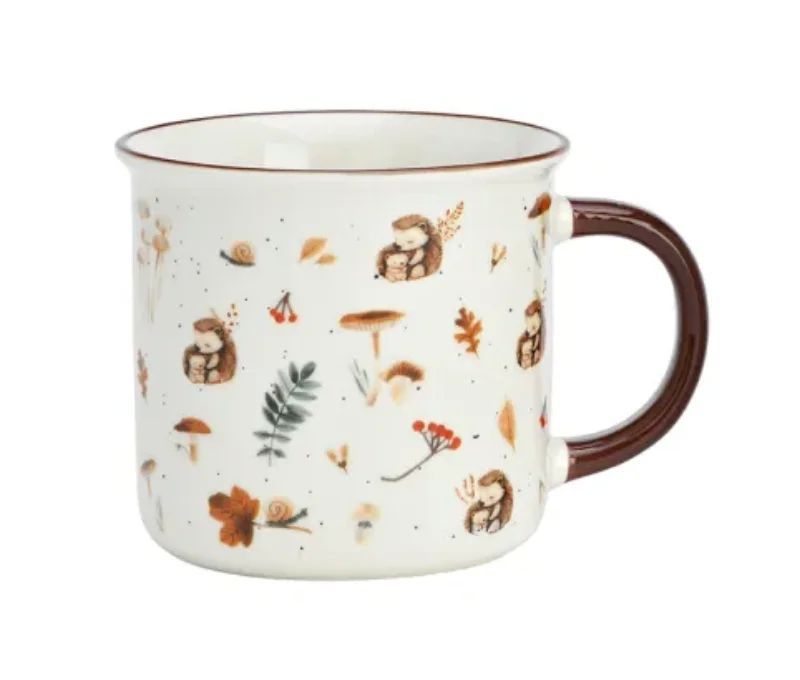 Tasse porcelaine blanche mouchetée motifs épars hérissons champignons feuilles escargot baies rouges automne anse marron 370ml