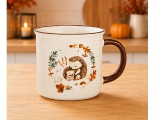 Tasse porcelaine blanche médaillon central hérissons câlins couronne feuilles champignons glands automne anse marron 370ml
