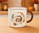 Voir la slide Tasse porcelaine blanche médaillon central hérissons câlins couronne feuilles champignons glands automne anse marron 370ml