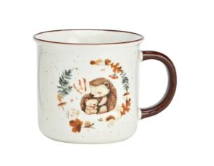 Tasse porcelaine blanche médaillon central hérissons câlins couronne feuilles champignons glands automne anse marron 370ml