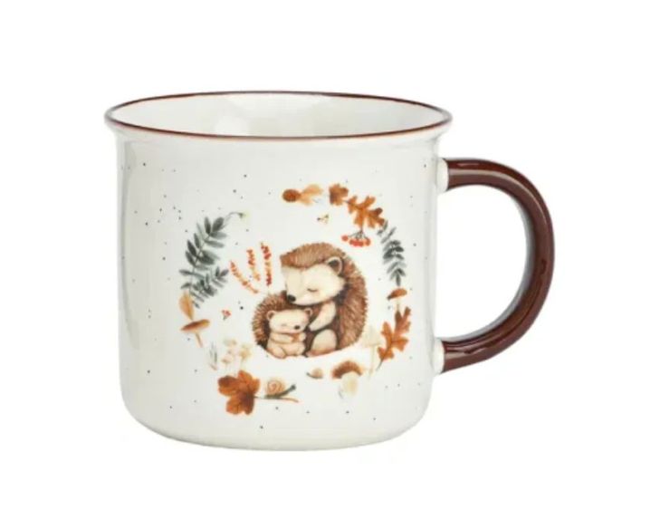 Tasse porcelaine blanche médaillon central hérissons câlins couronne feuilles champignons glands automne anse marron 370ml