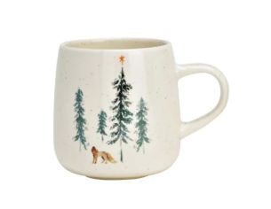 Mug géant porcelaine blanche mouchetée forêt hivernale sapins verts renard étoile orange Noël 500ml