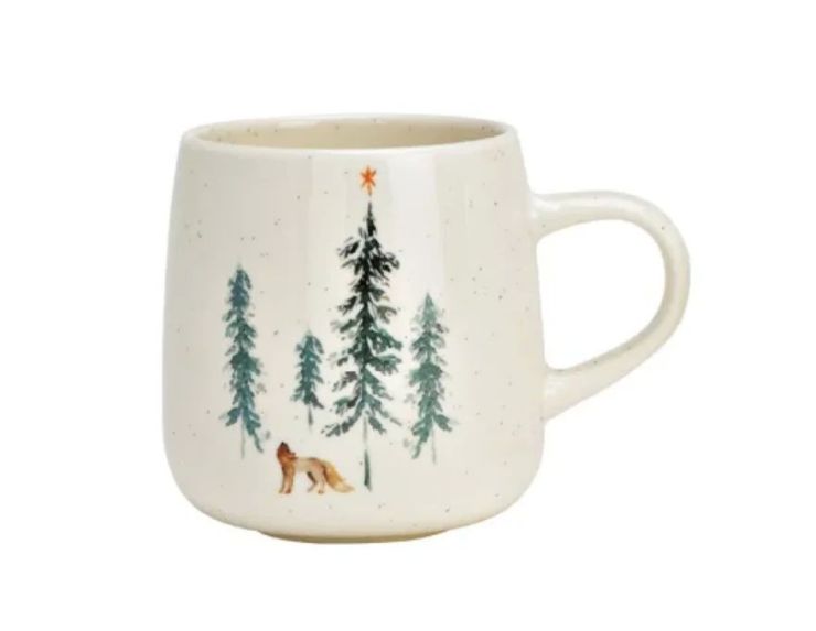 Mug géant porcelaine blanche mouchetée forêt hivernale sapins verts renard étoile orange Noël 500ml