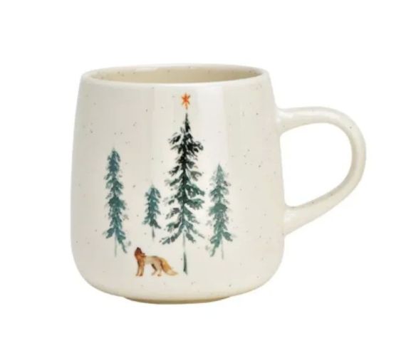 Mug géant porcelaine blanche mouchetée forêt hivernale sapins verts renard étoile orange Noël 500ml