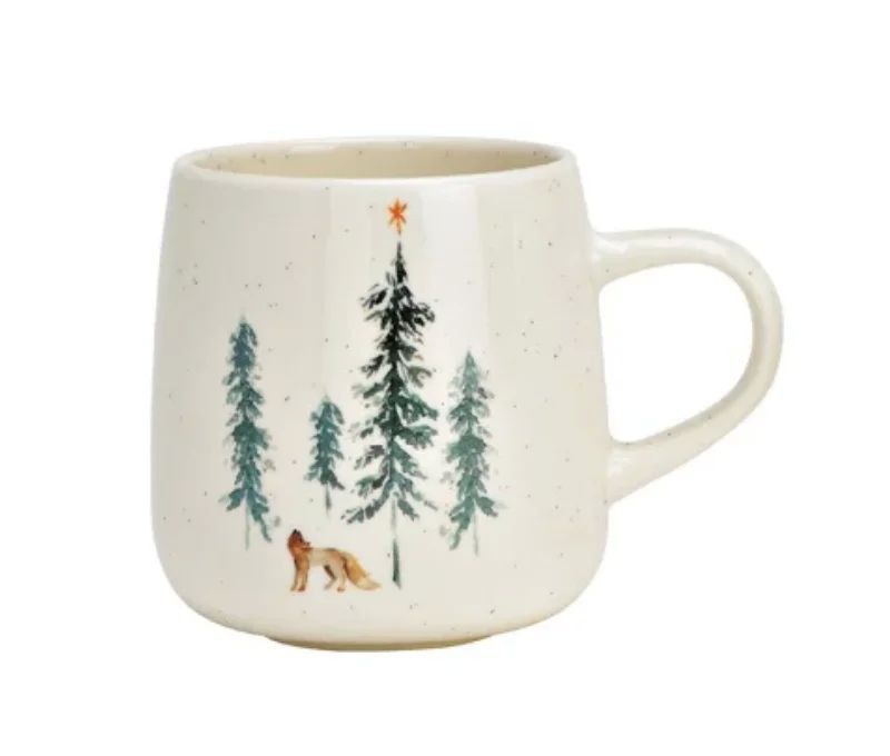 Mug géant porcelaine blanche mouchetée forêt hivernale sapins verts renard étoile orange Noël 500ml