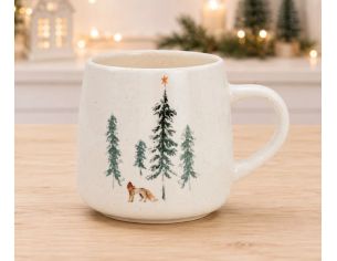 Mug géant porcelaine blanche mouchetée forêt hivernale sapins verts renard étoile orange Noël 500ml