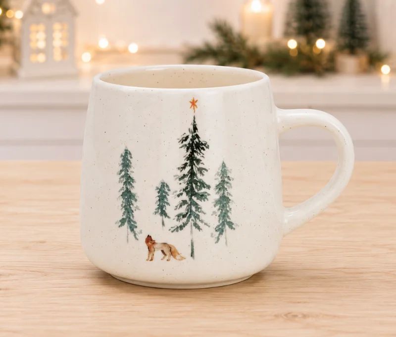 Mug géant porcelaine blanche mouchetée forêt hivernale sapins verts renard étoile orange Noël 500ml