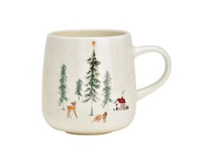Mug géant porcelaine blanche mouchetée forêt hivernale sapins verts biche renard chalet rouge étoile orange Noël 500ml