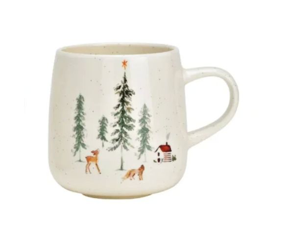 Mug géant porcelaine blanche mouchetée forêt hivernale sapins verts biche renard chalet rouge étoile orange Noël 500ml