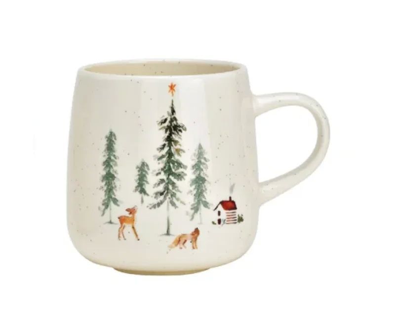 Mug géant porcelaine blanche mouchetée forêt hivernale sapins verts biche renard chalet rouge étoile orange Noël 500ml
