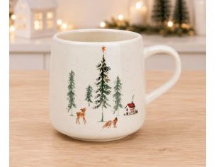 Mug géant porcelaine blanche mouchetée forêt hivernale sapins verts biche renard chalet rouge étoile orange Noël 500ml