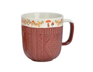 Mug porcelaine brun terracotta relief tricot 3D frise baies champignons feuilles florales automne 350ml