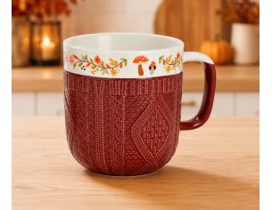 Mug porcelaine brun terracotta relief tricot 3D frise baies champignons feuilles florales automne 350ml