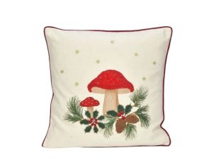 Housse coussin textile champignons rouges brodés houx pommes de pin branches sapin étoiles dorées liseré rouge Noël 45x45cm