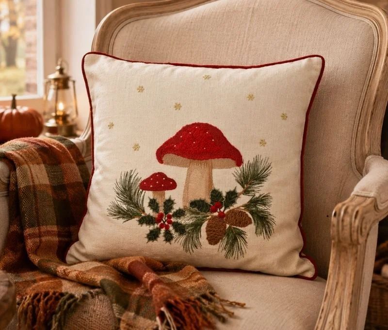 Housse coussin textile champignons rouges brodés houx pommes de pin branches sapin étoiles dorées liseré rouge Noël 45x45cm