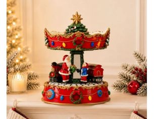 Boîte à musique carrousel Noël rouge poly Père Noël train guirlandes lumières sapin étoile dorée mouvement H17cm
