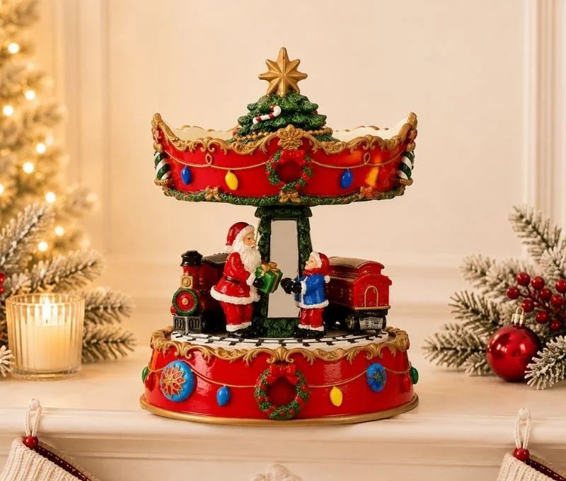Boîte à musique carrousel Noël rouge poly Père Noël train guirlandes lumières sapin étoile dorée mouvement H17cm