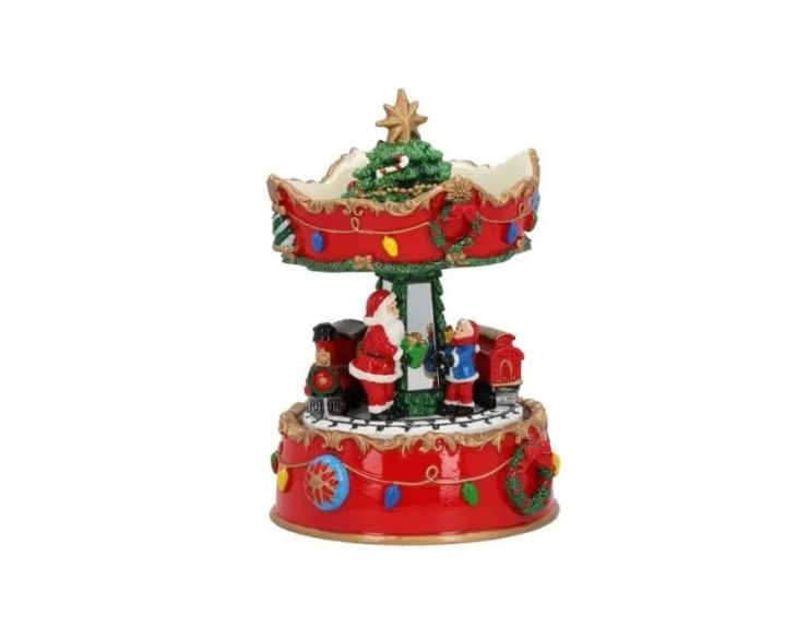 Boîte à musique carrousel Noël rouge poly Père Noël train guirlandes lumières sapin étoile dorée mouvement H17cm