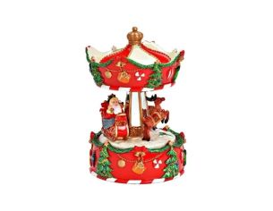 Boîte à musique carrousel Noël poly rouge Père Noël traîneau renne guirlandes sapins cloches dorées mouvement rotatif H17cm