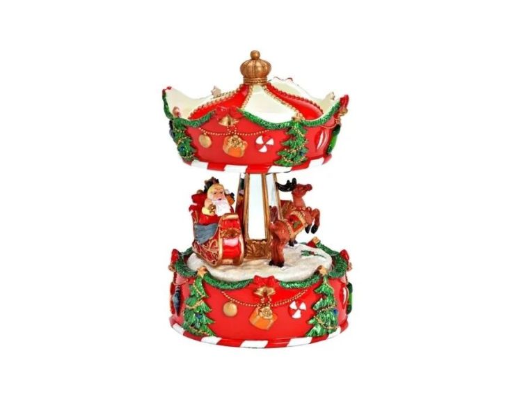 Boîte à musique carrousel Noël poly rouge Père Noël traîneau renne guirlandes sapins cloches dorées mouvement rotatif H17cm